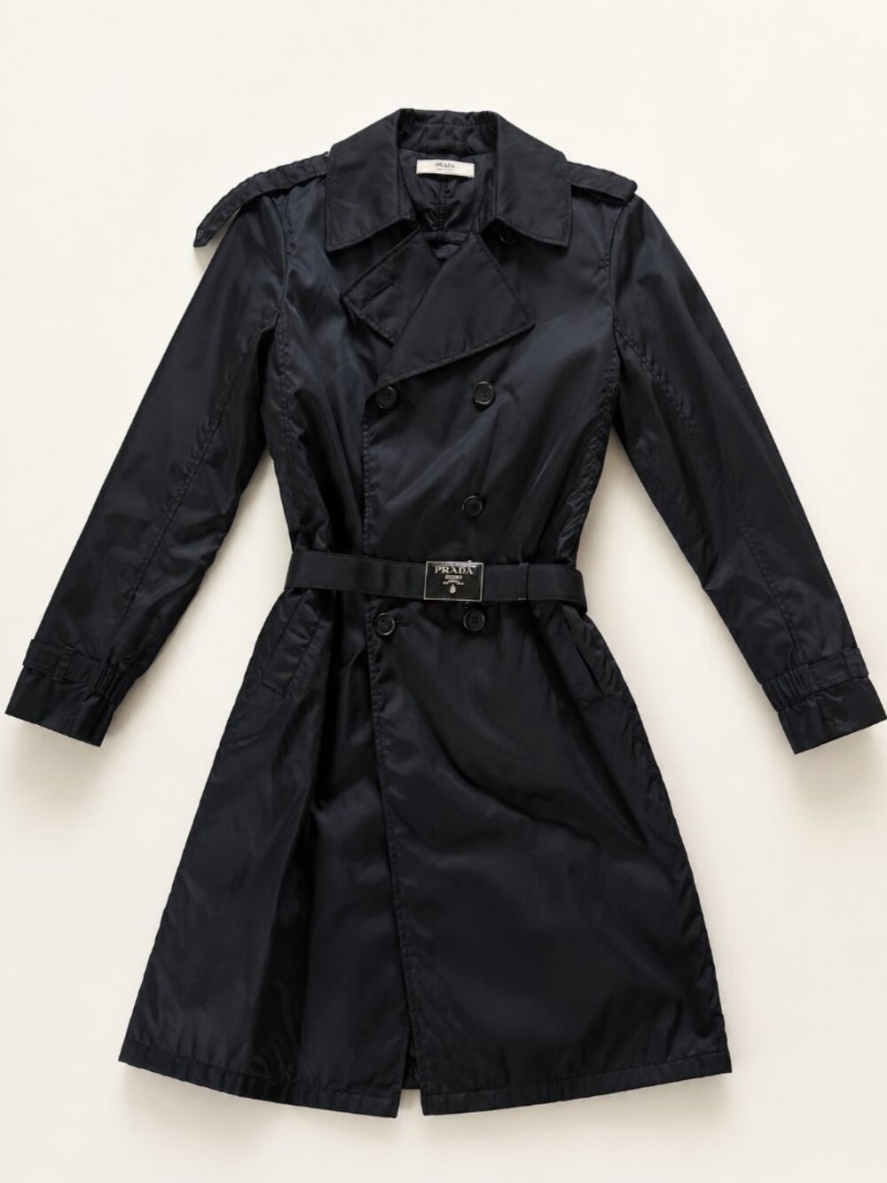 Prada Black Double-Breasted Nylon Trench Coat with Logo Belt